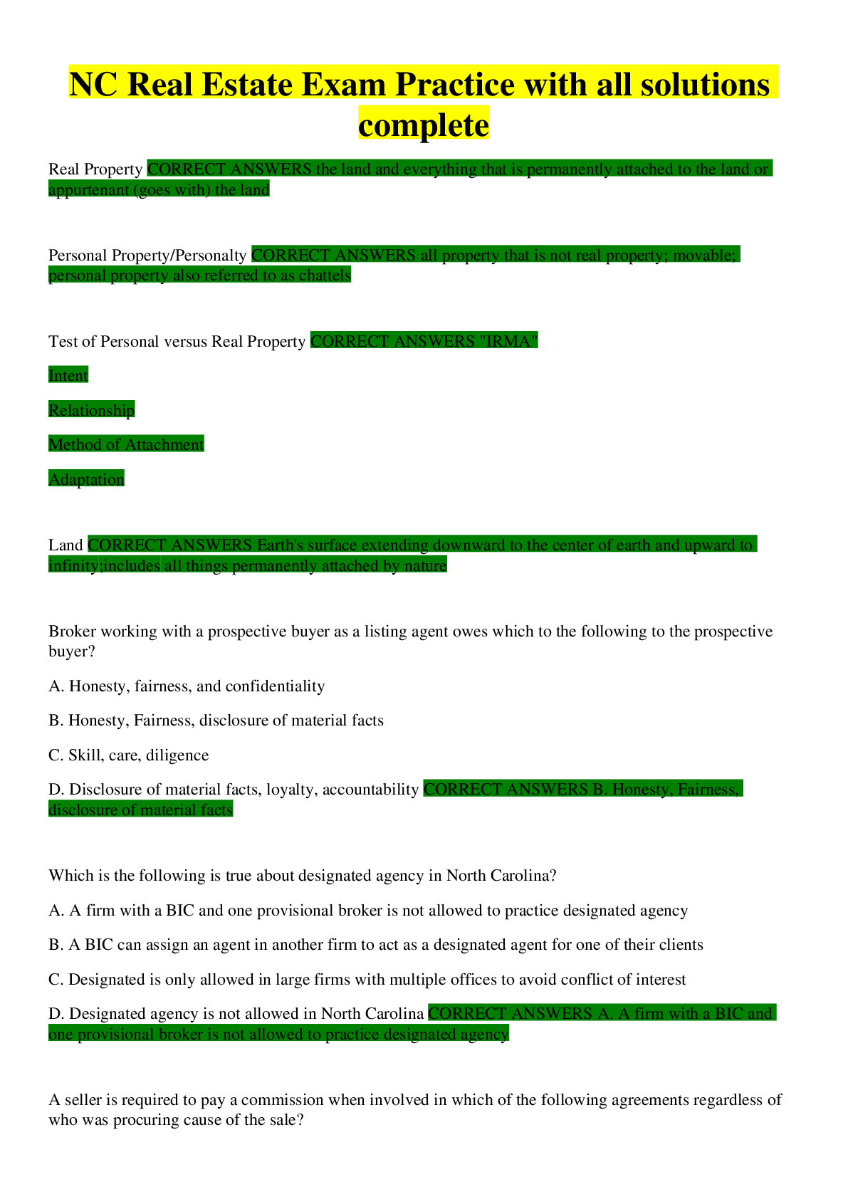 Preview image for NC Real Estate Exam Practice with all solutions complete